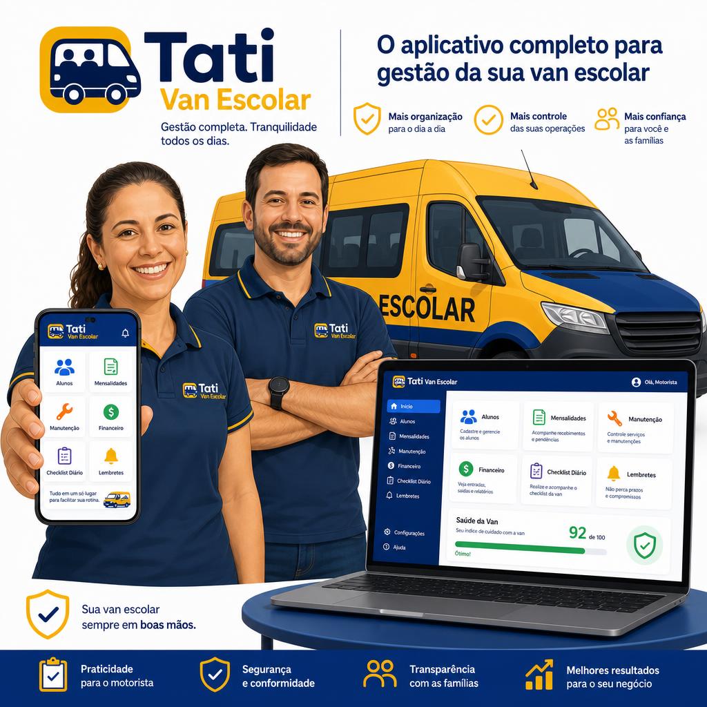Motoristas de van escolar sorrindo ao lado de uma van moderna, com celular e notebook exibindo o painel da Tati Van Escolar com módulos de Alunos, Mensalidades, Manutenção, Financeiro, Checklist Diário e Lembretes.